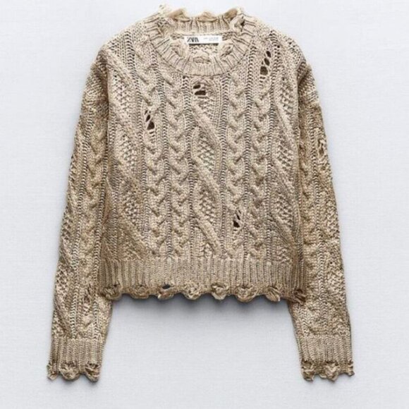 Zara Distressed Metallic Gold Cable Knit Sweater - Picture 3 of 11